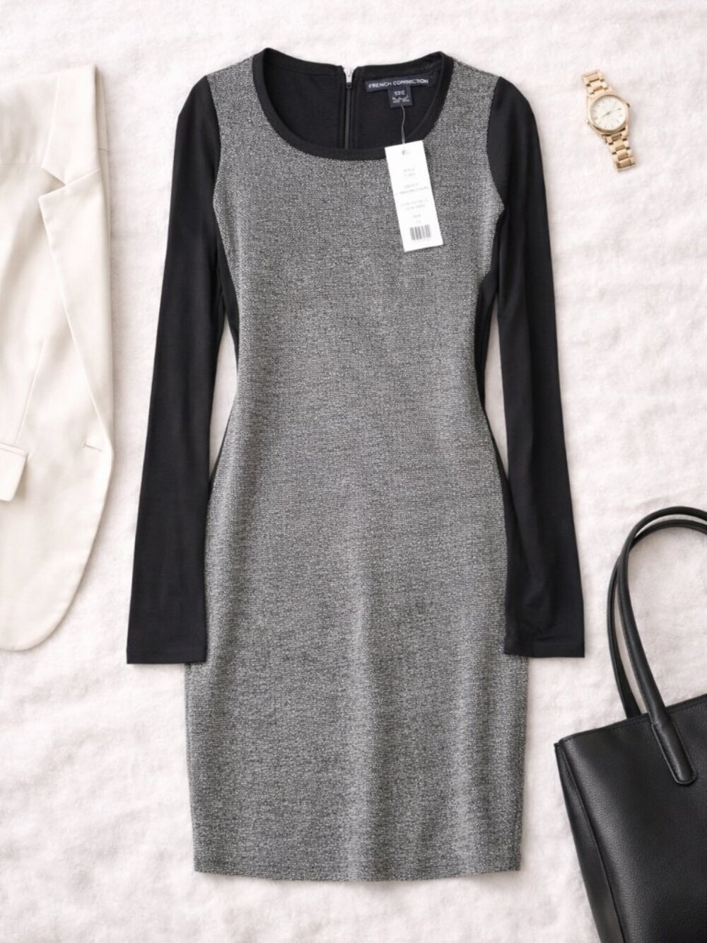 French Connection Black Textured Sheath Dress 12 NWT Minimal Work Office Chic